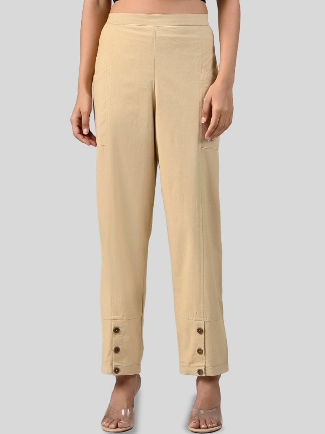 

GiftyBasket Women Cotton Relaxed Straight Fit Trousers, Beige
