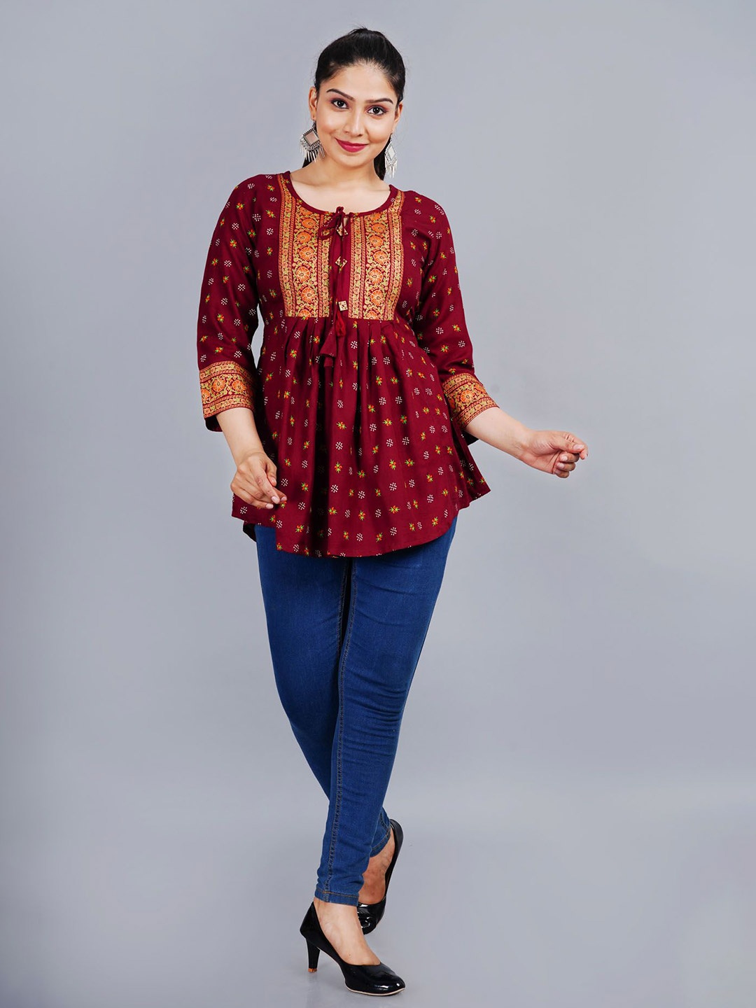 

L.H HANDICRAFTS Floral Print Keyhole Neck Crop Top, Maroon