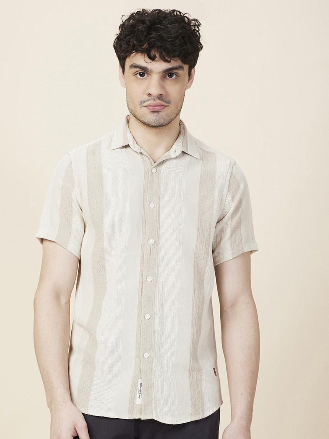 

Being Human Men Classic Fit Spread Collar Vertical Striped Cotton Casual Shirt, Beige