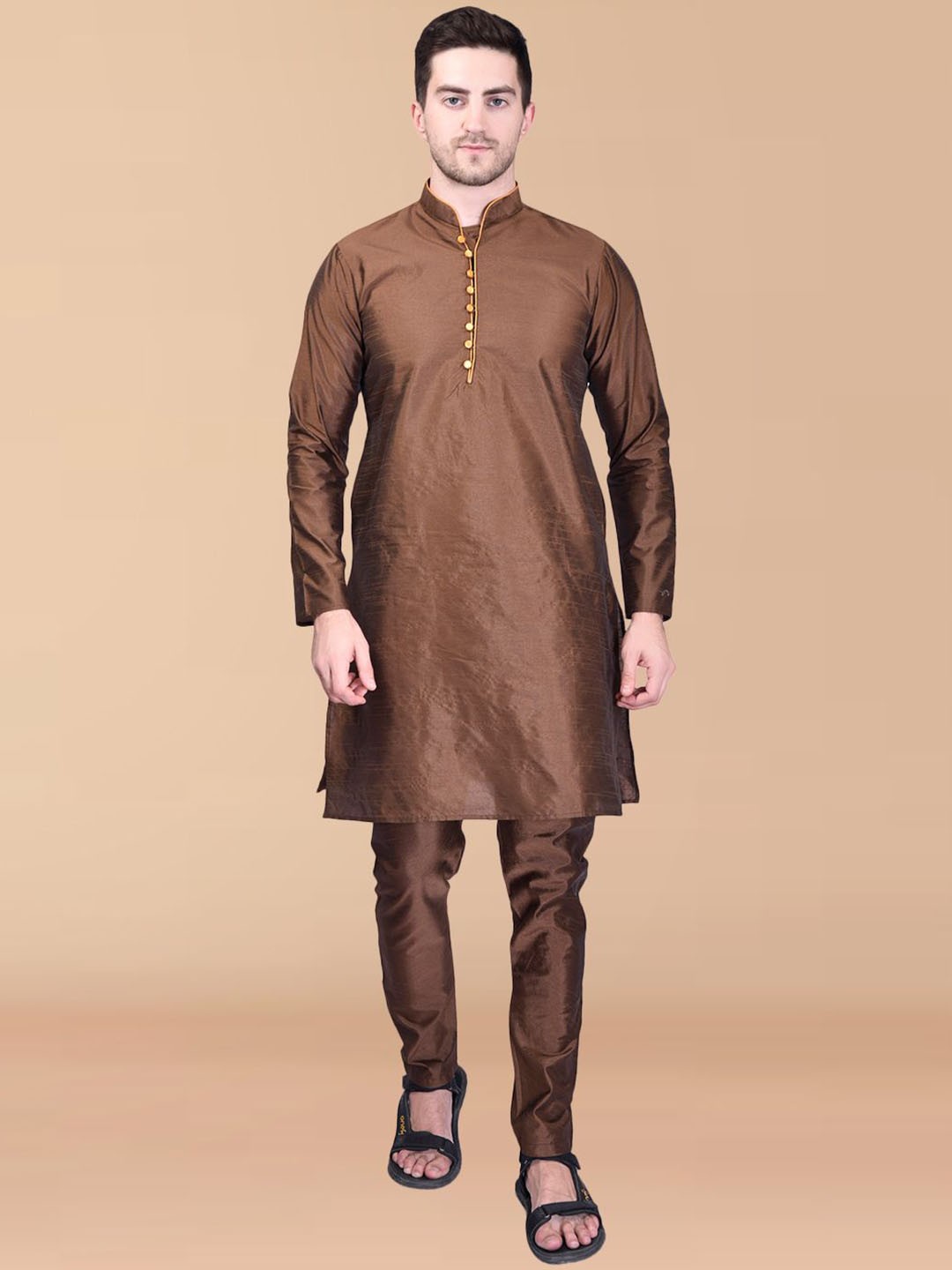 

RAASA DRAPES Mandarin Collar Pure Silk Straight Kurta with Churidar, Brown