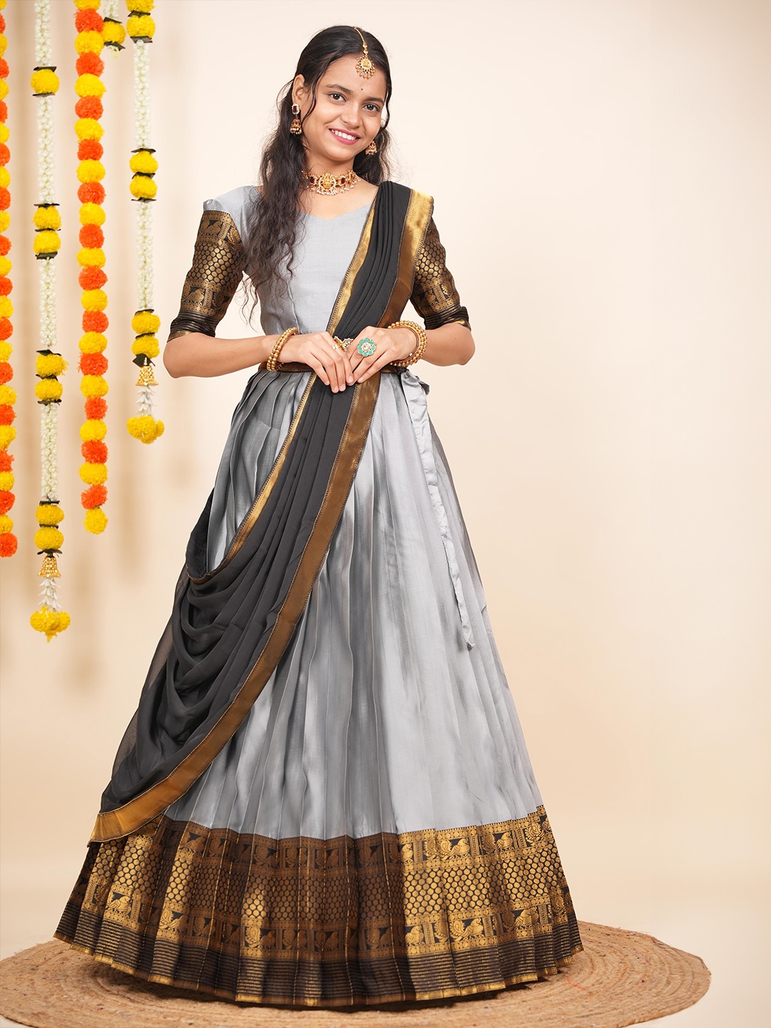 

Fabcartz Semi-Stitched Lehenga & Unstitched Blouse With Dupatta, Grey