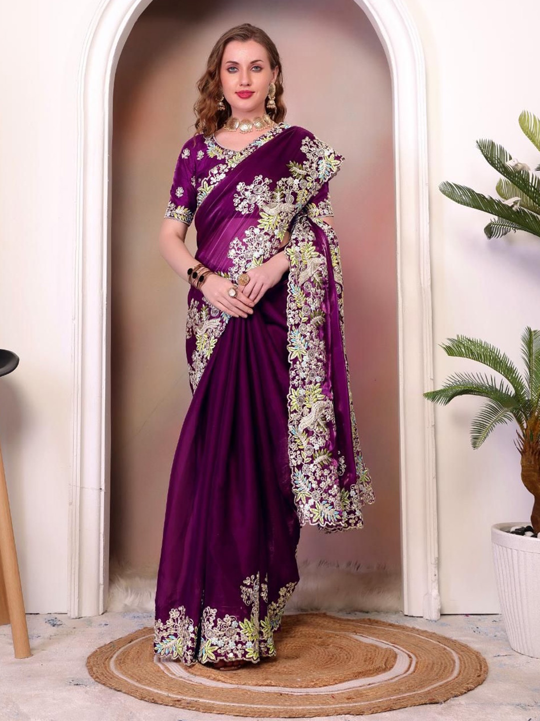 

HERE&NOW Floral Embroidered Organza Saree, Purple