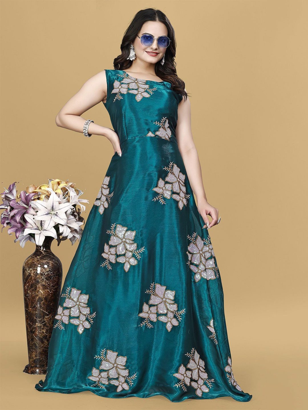 

LADY SHOPI Floral Embroidered Sequined Maxi Gown Dress, Teal