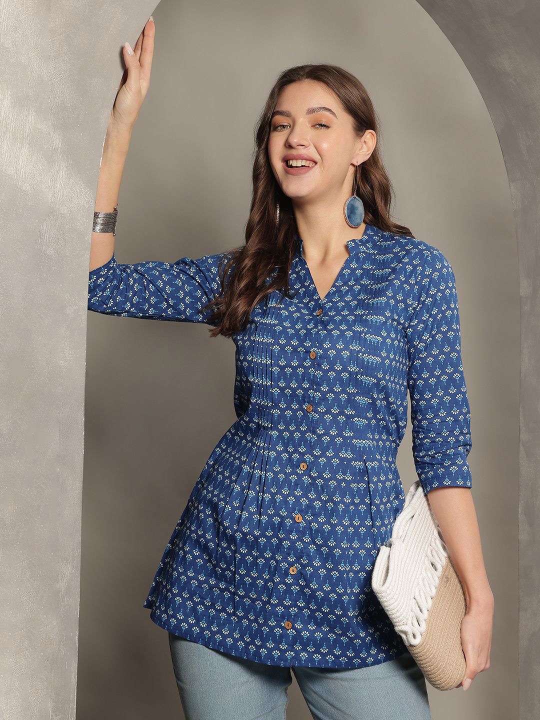 

KALINI Floral Printed Cotton Top, Blue