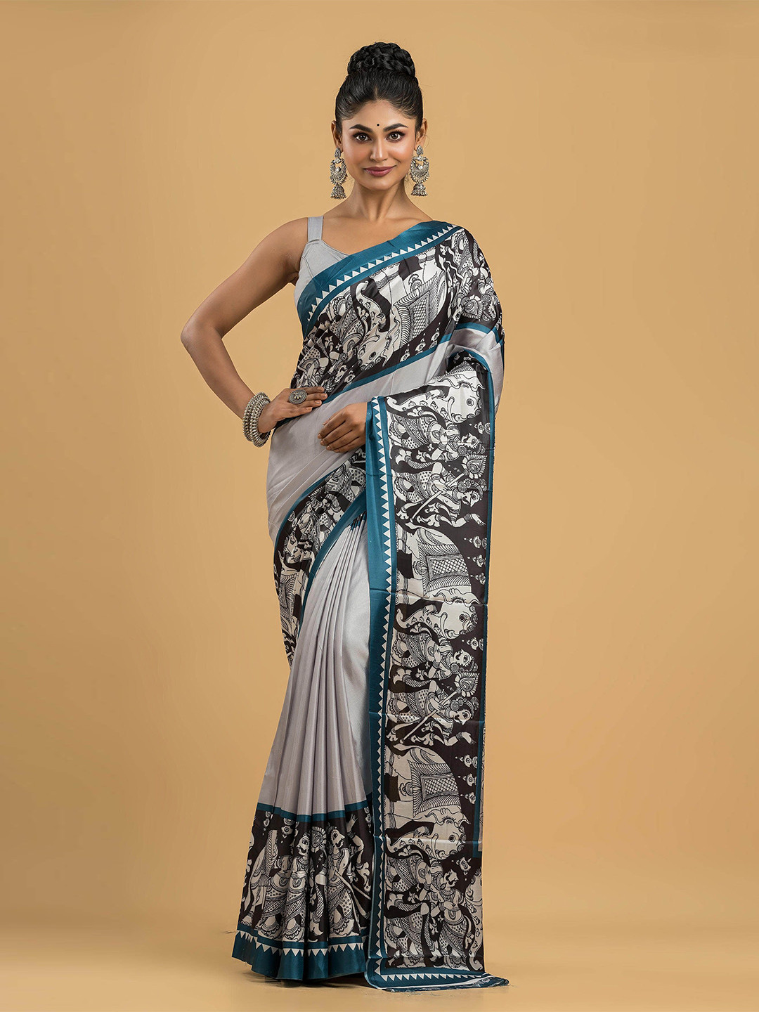 

Dheu Ethnic Motifs Block Printed Saree, Grey