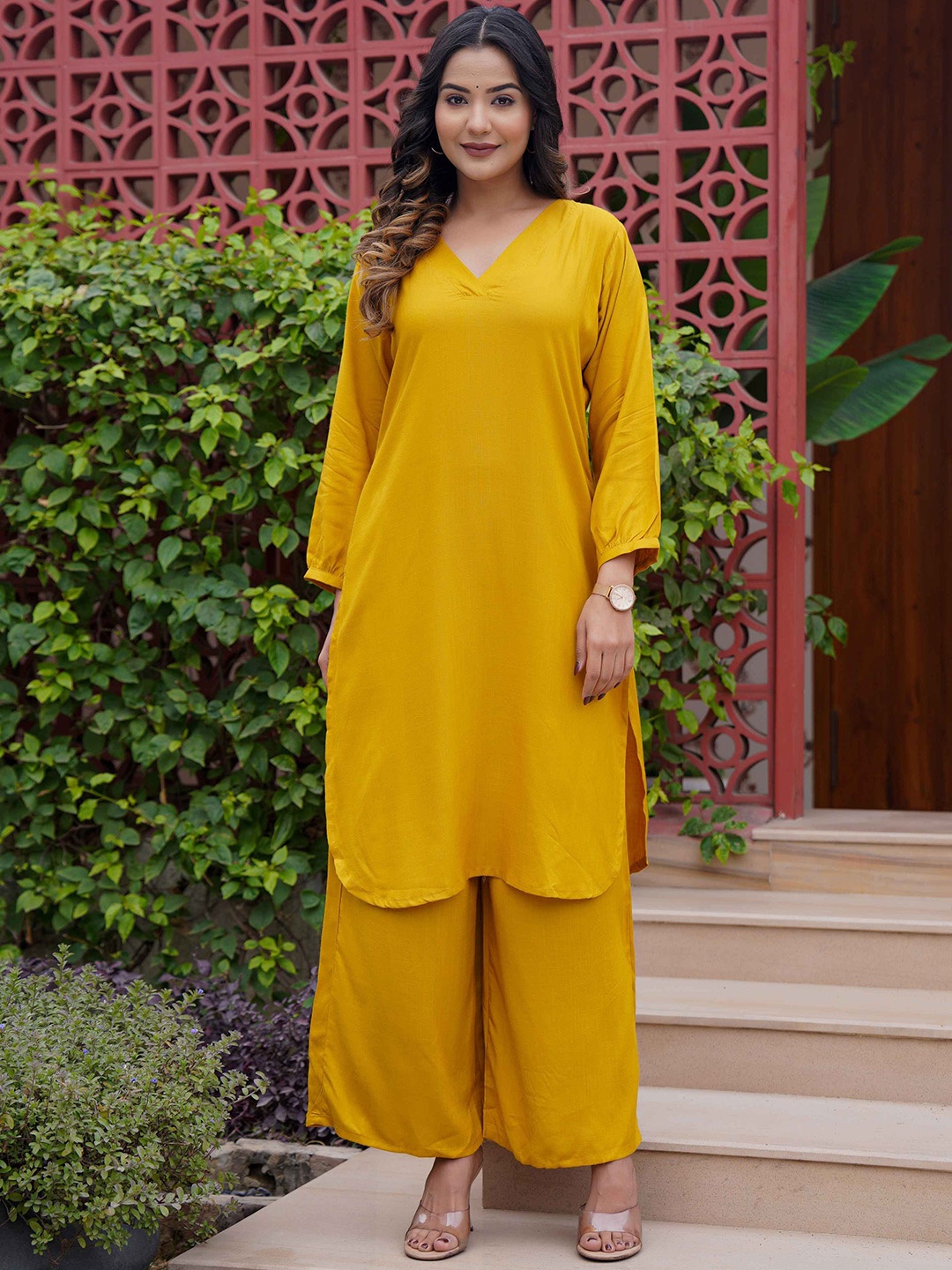 

Fabmoha Pure Cotton V-Neck Tunic With Trouser Co-Ords, Mustard