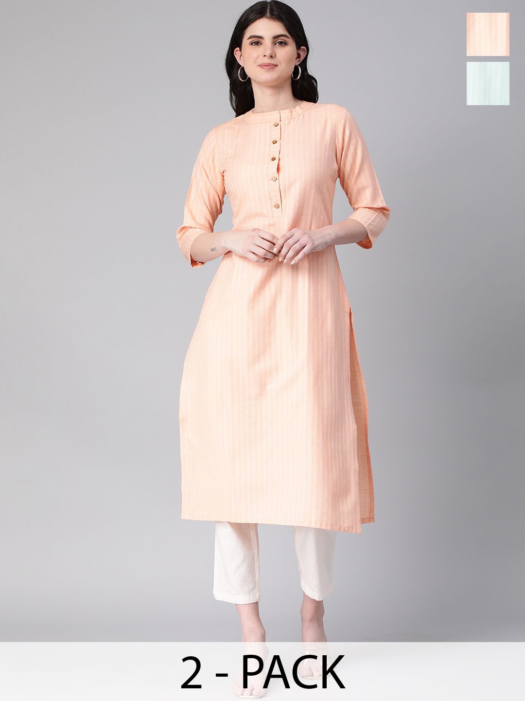 

KALINI Selection Of 2 Striped Mandarin Collar Cotton Straight Kurtas, Peach