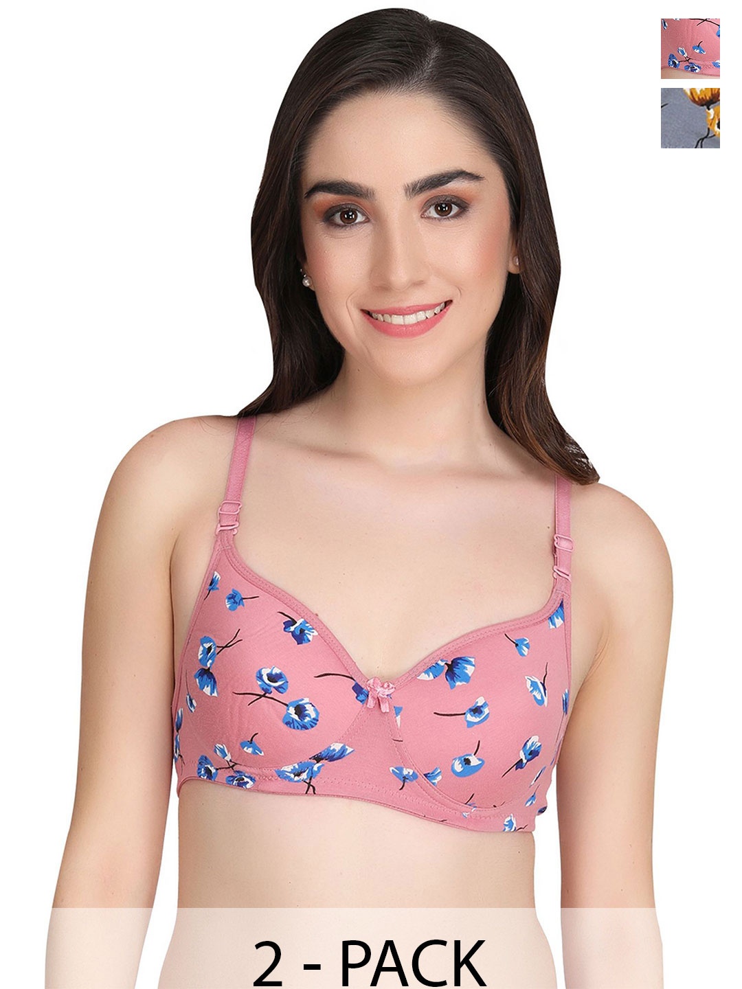 

Liigne Pack Of 2 Cotton Floral Full Coverage Lightly Padded Bra, Grey
