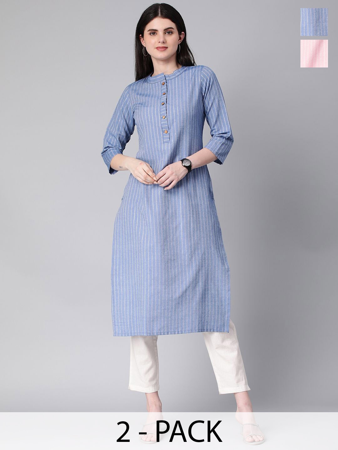 

KALINI Selection Of 2 Striped Round Neck Straight Kurtas, Blue