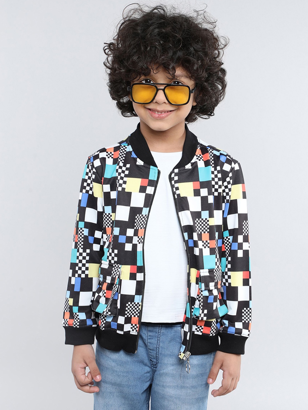 

taffykids Boys Stand Collar Geometric Printed Casual Bomber Jacket, Black