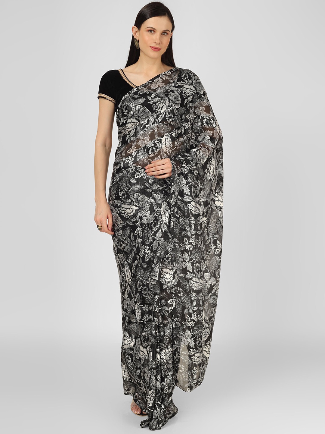 

MISS HAUTE Ethnic Motifs Pure Georgette Saree, Black