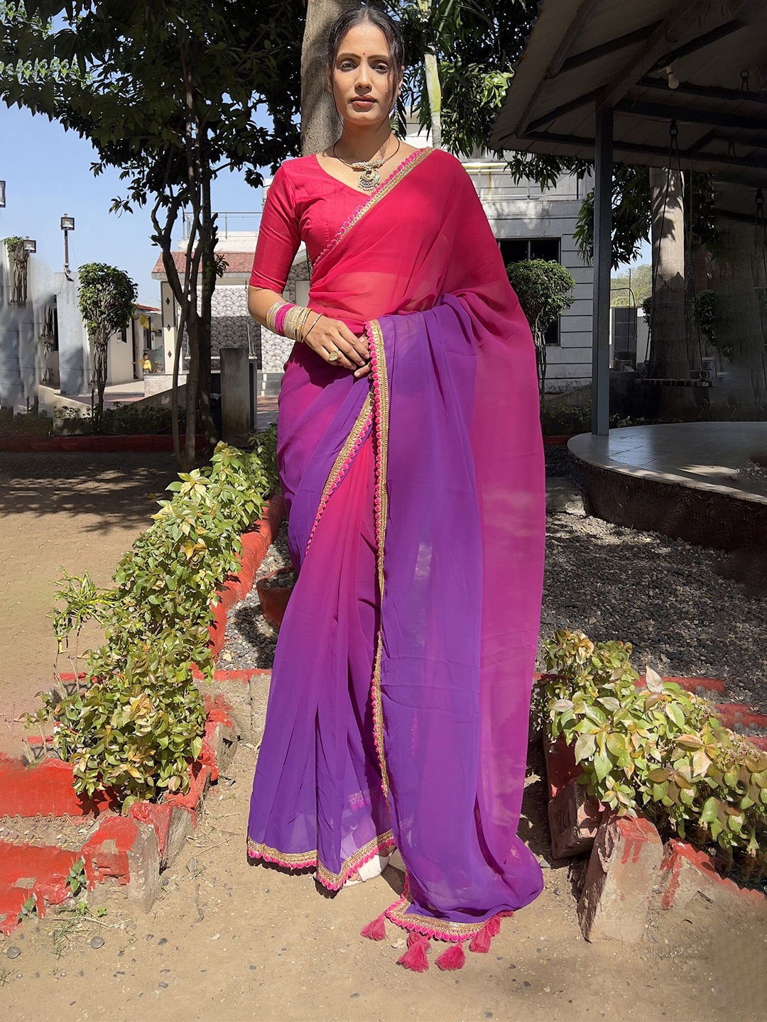 

JULEE Ombre Dyed Embroidered Pure Georgette Ready to Wear Saree, Purple