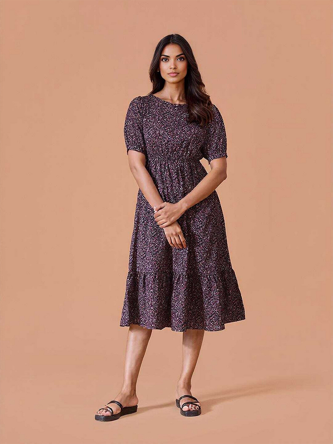 

DressBerry Floral Printed Tiered Cotton Fit & Flare Midi Dress, Black