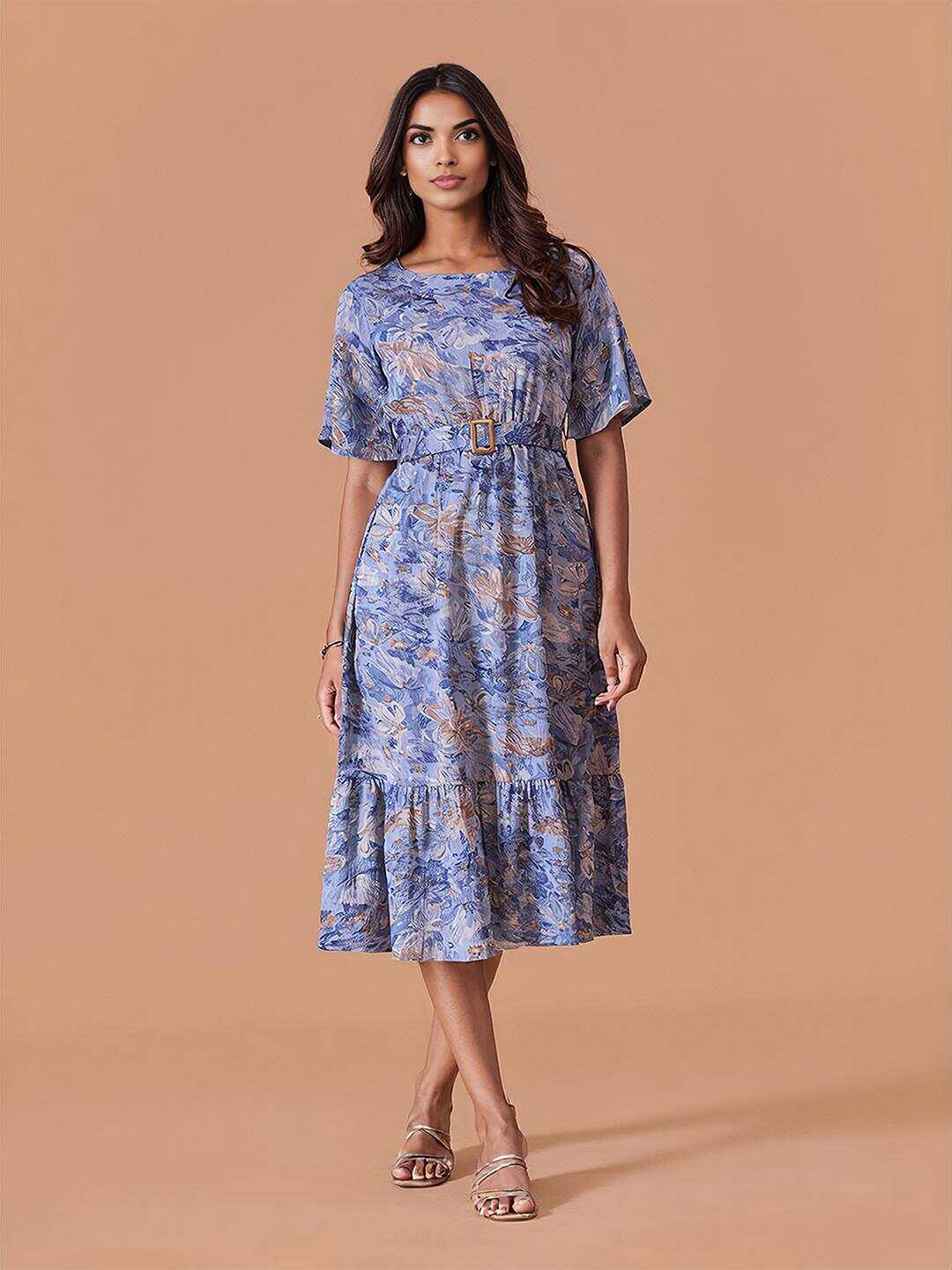 

DressBerry Women Floral Printed Cotton Fit & Flare Midi Dress, Blue