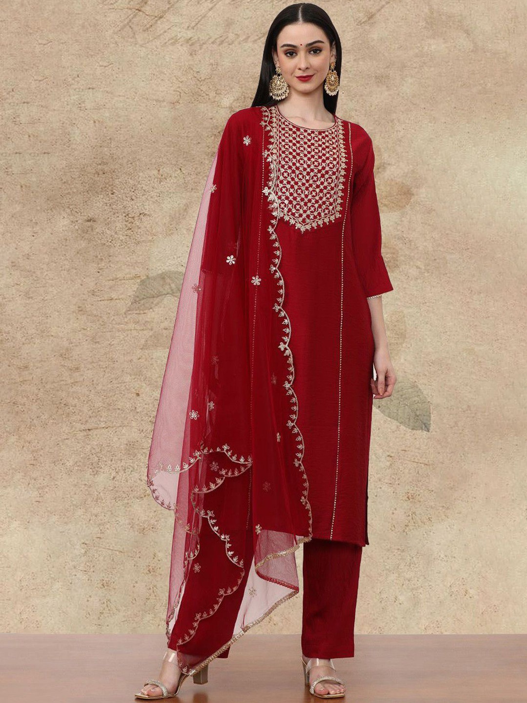 

AVANSHEE Women Ethnic Motifs Embroidered Regular Thread Work Kurta with Trousers & With Dupatta, Pink