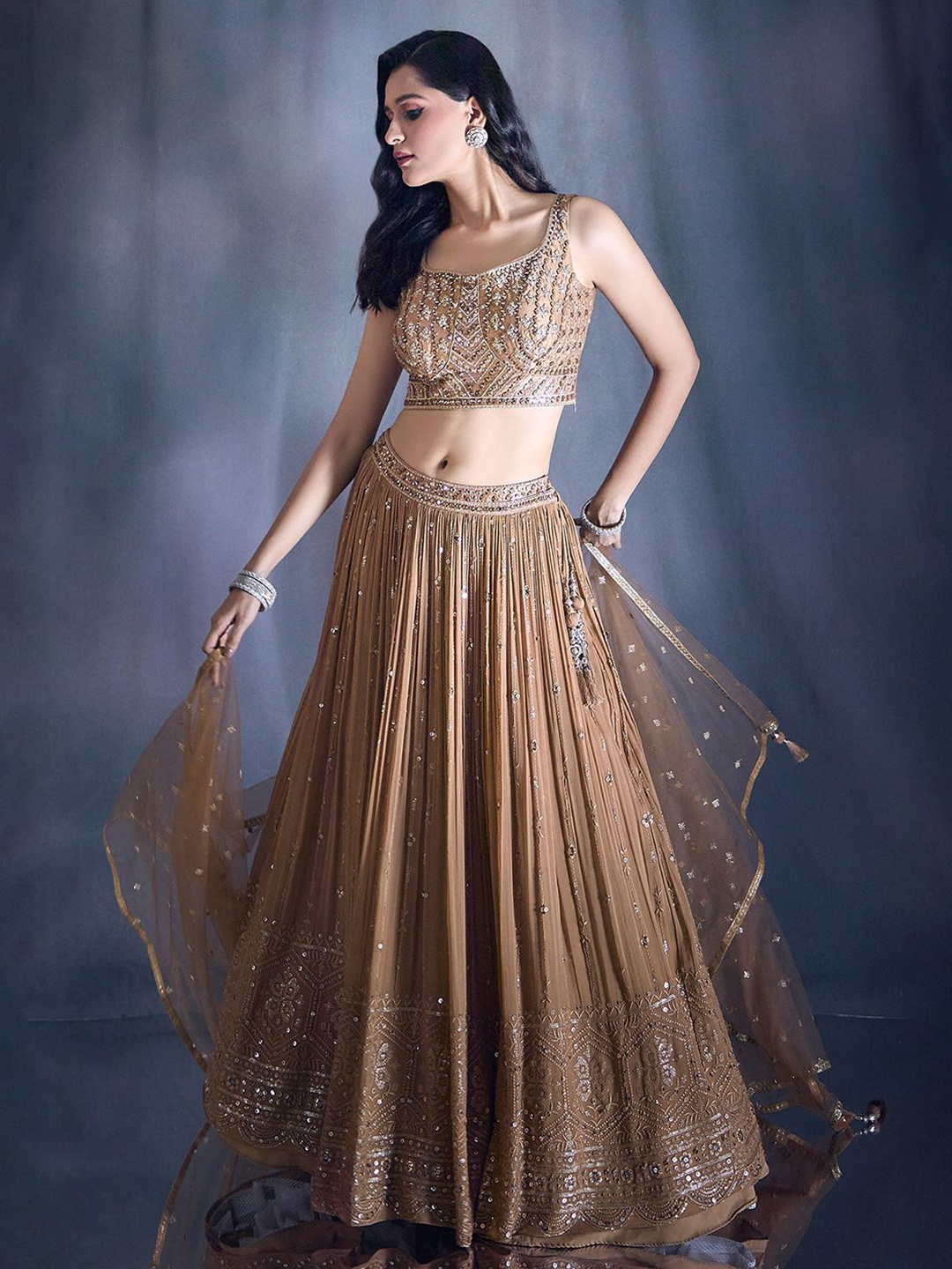 

Alaya Advani Embroidered Mirror Work Ready to Wear Lehenga & Blouse With Dupatta, Brown