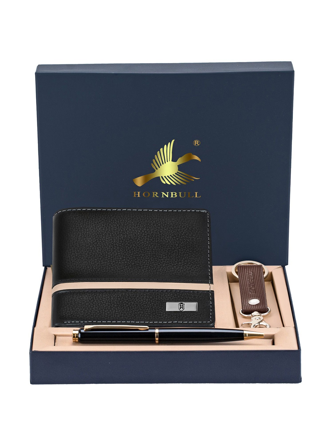 

Hornbull Men Denial Black Leather Wallet, Keyring & Pen Combo Accessory Gift Set