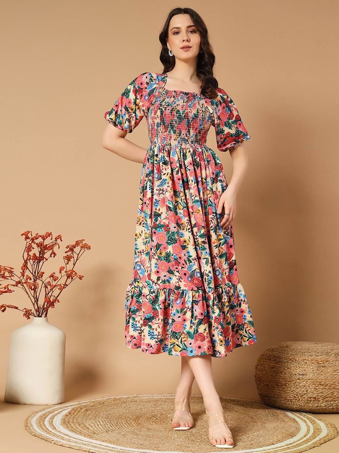 

Vastani Enterprise Print Puff Sleeve Crepe Fit & Flare Dress, Blue