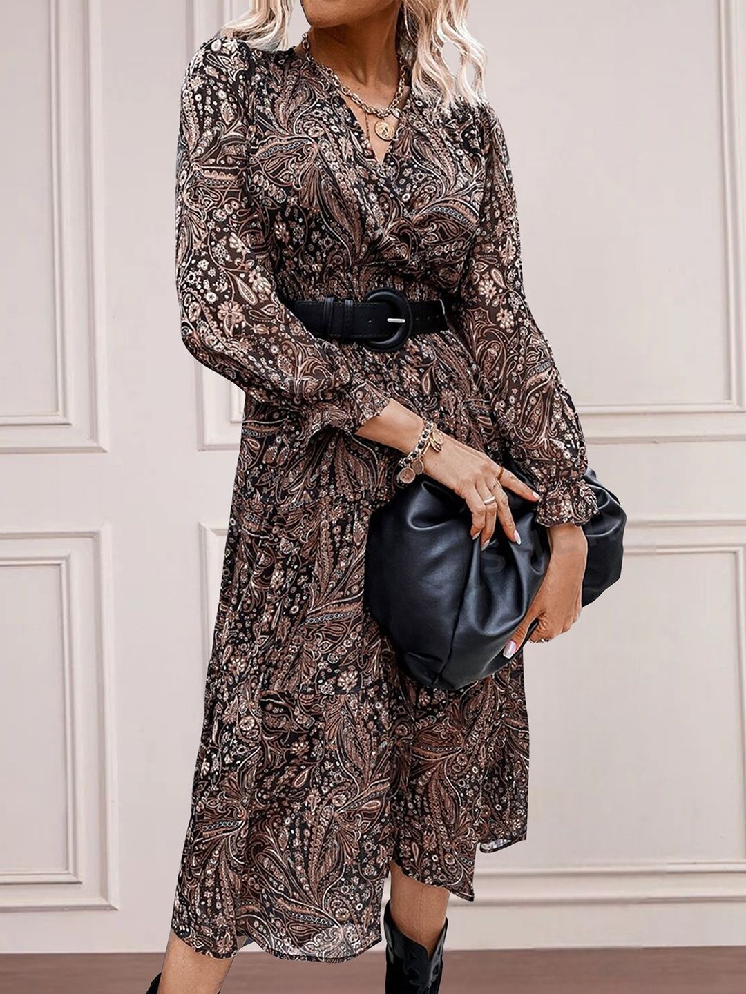 

MISS AYSE Floral Printed Cotton Wrap Midi Dress Comes with a belt, Brown