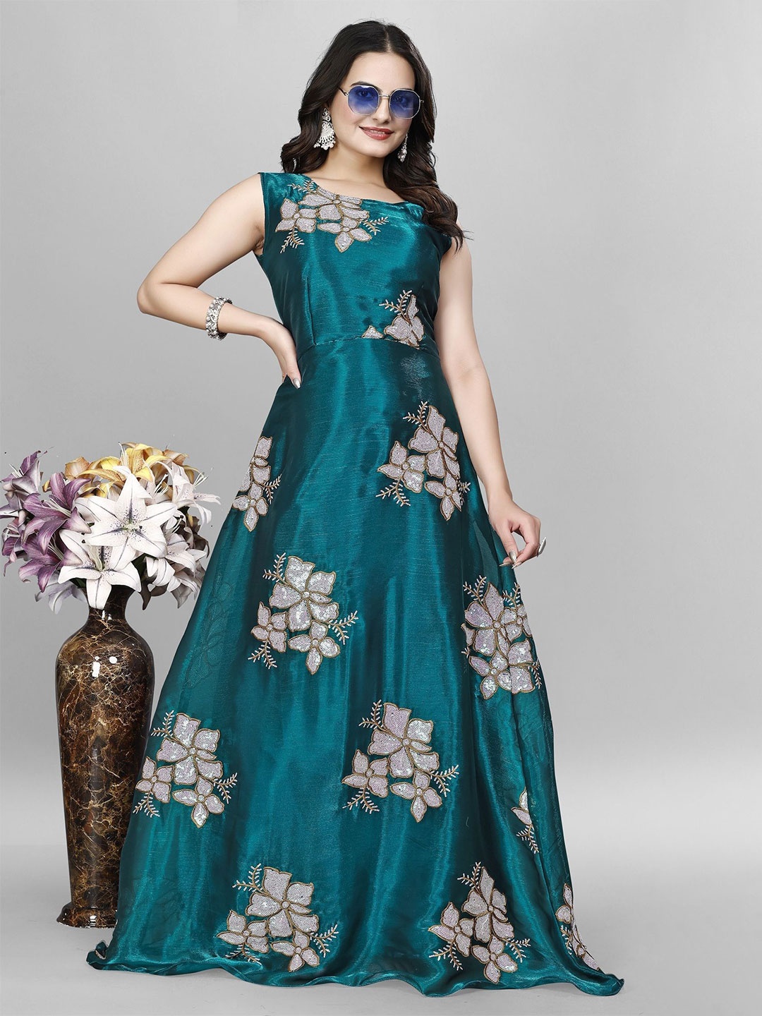 

APNISHA Embellished Embroidered Net Fit & Flare Maxi Dress, Teal