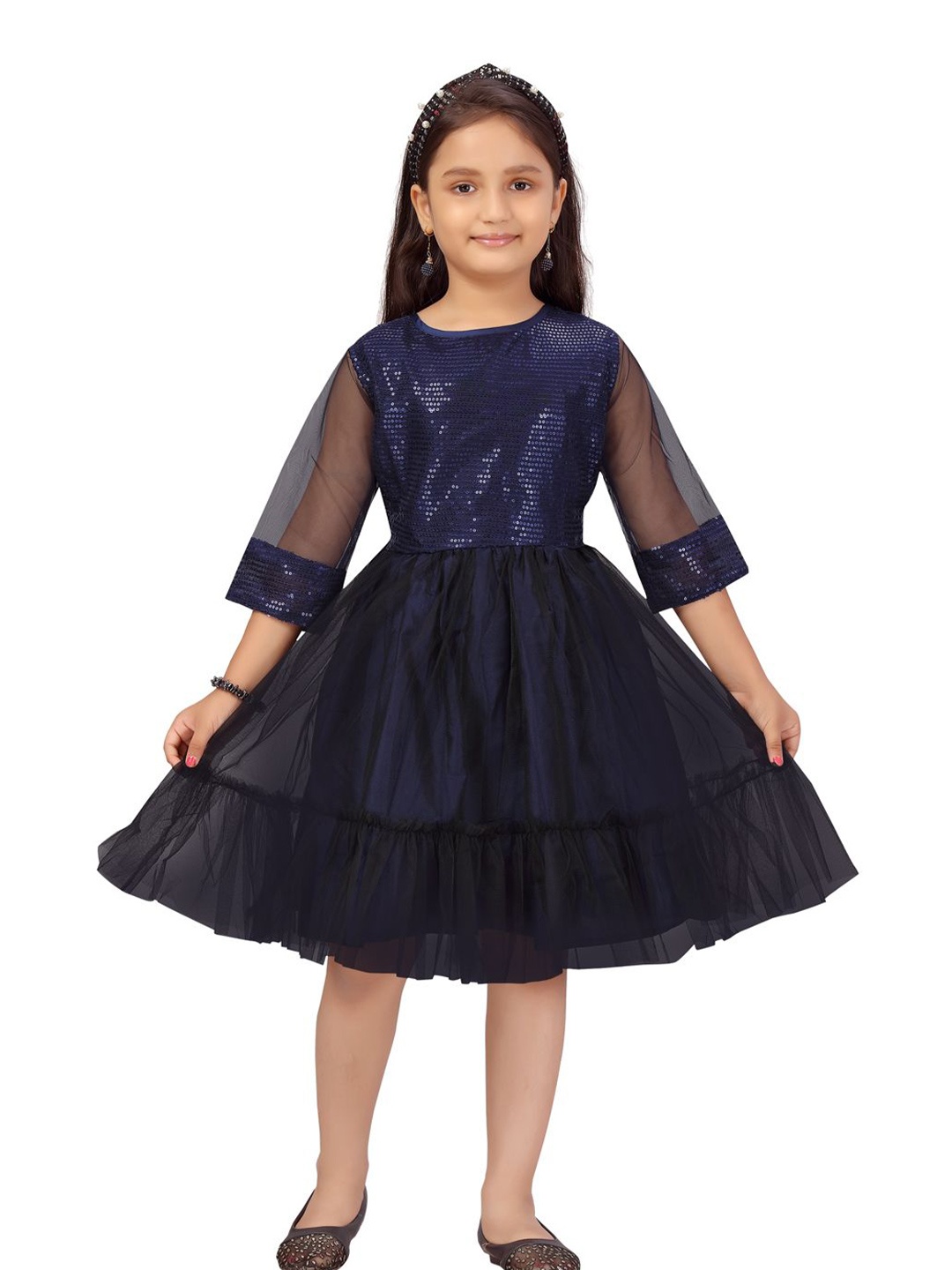 

HERE&NOW Girls Embellished Fit & Flare Dress, Navy blue