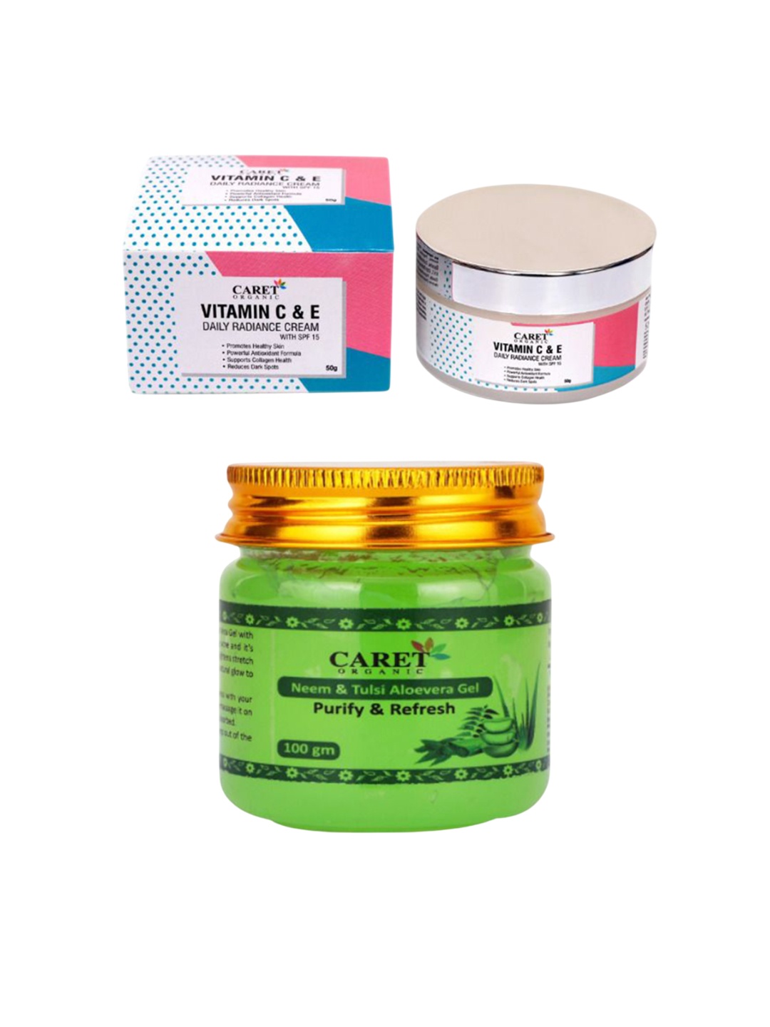 

CARET ORGANIC Set Of 2 Vitamin C,E Daily Radiance Cream- 50 g & Tulsi Aloevera Gel- 100 g, White