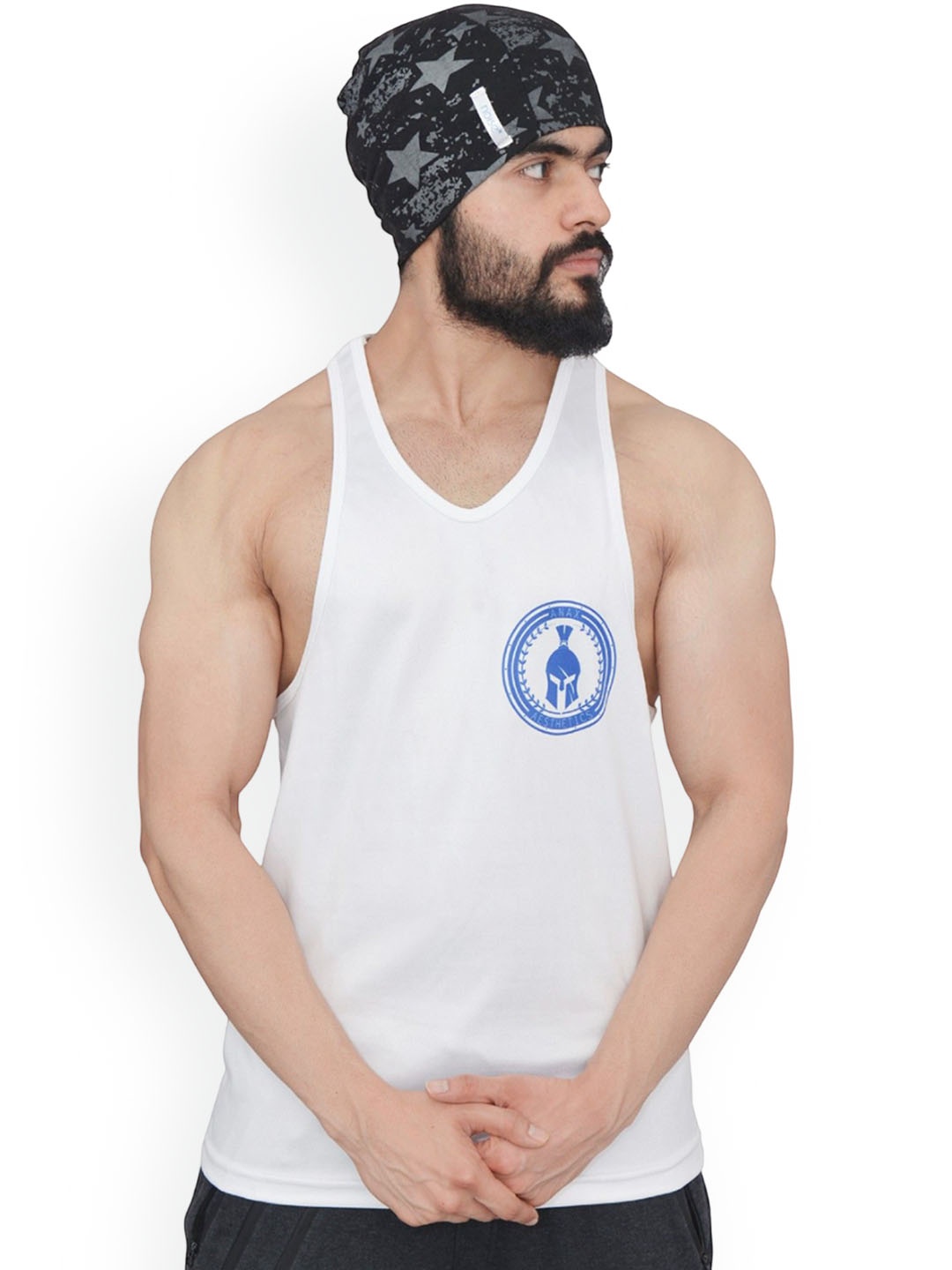 

Anax Aesthetics Men Polyester Dri-Fit Printed Sleeveless Sando Gym Vest Stringer Tank Top, White