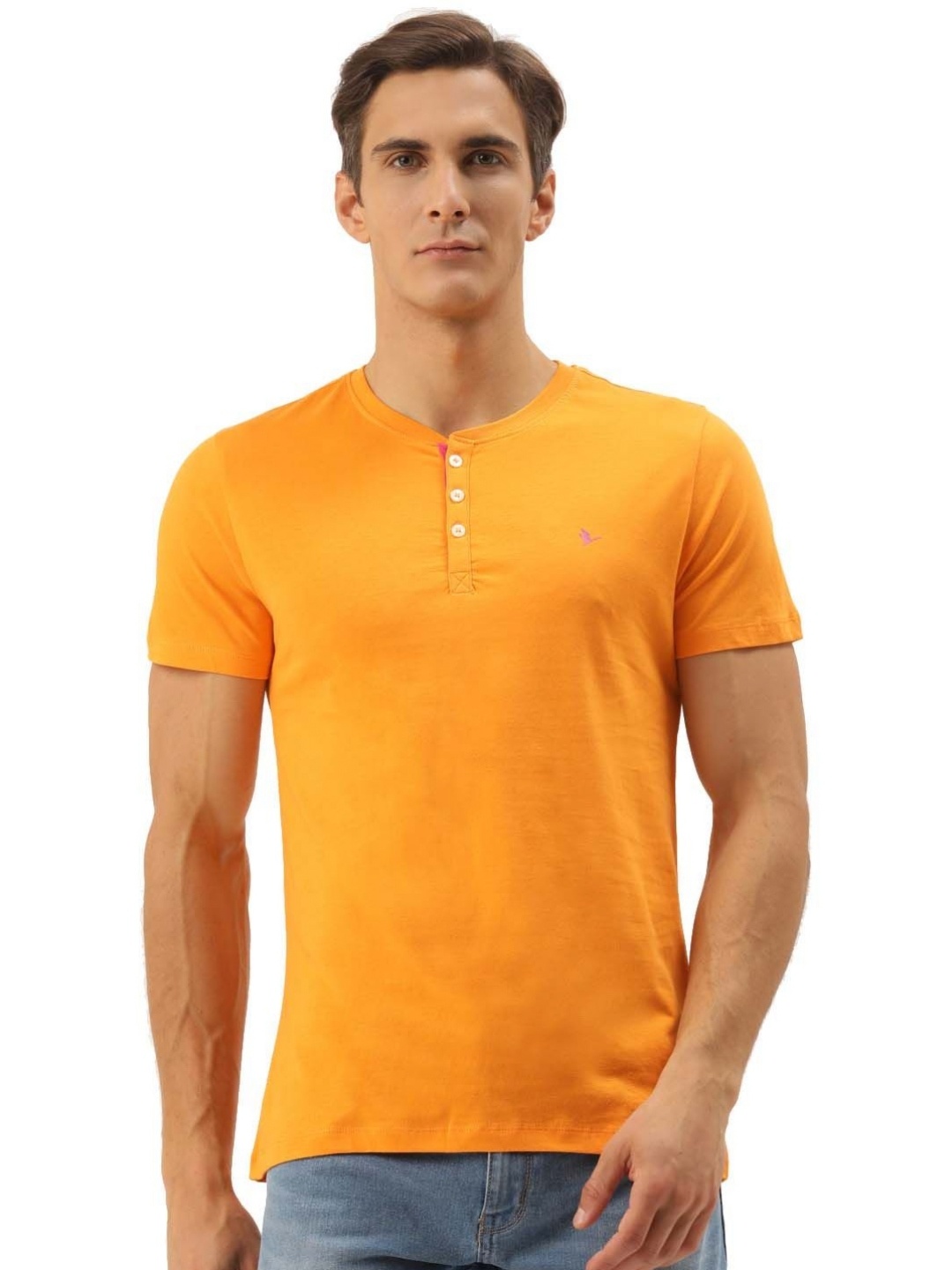 

AMSWAN Men Henley Neck Pockets T-shirt, Yellow