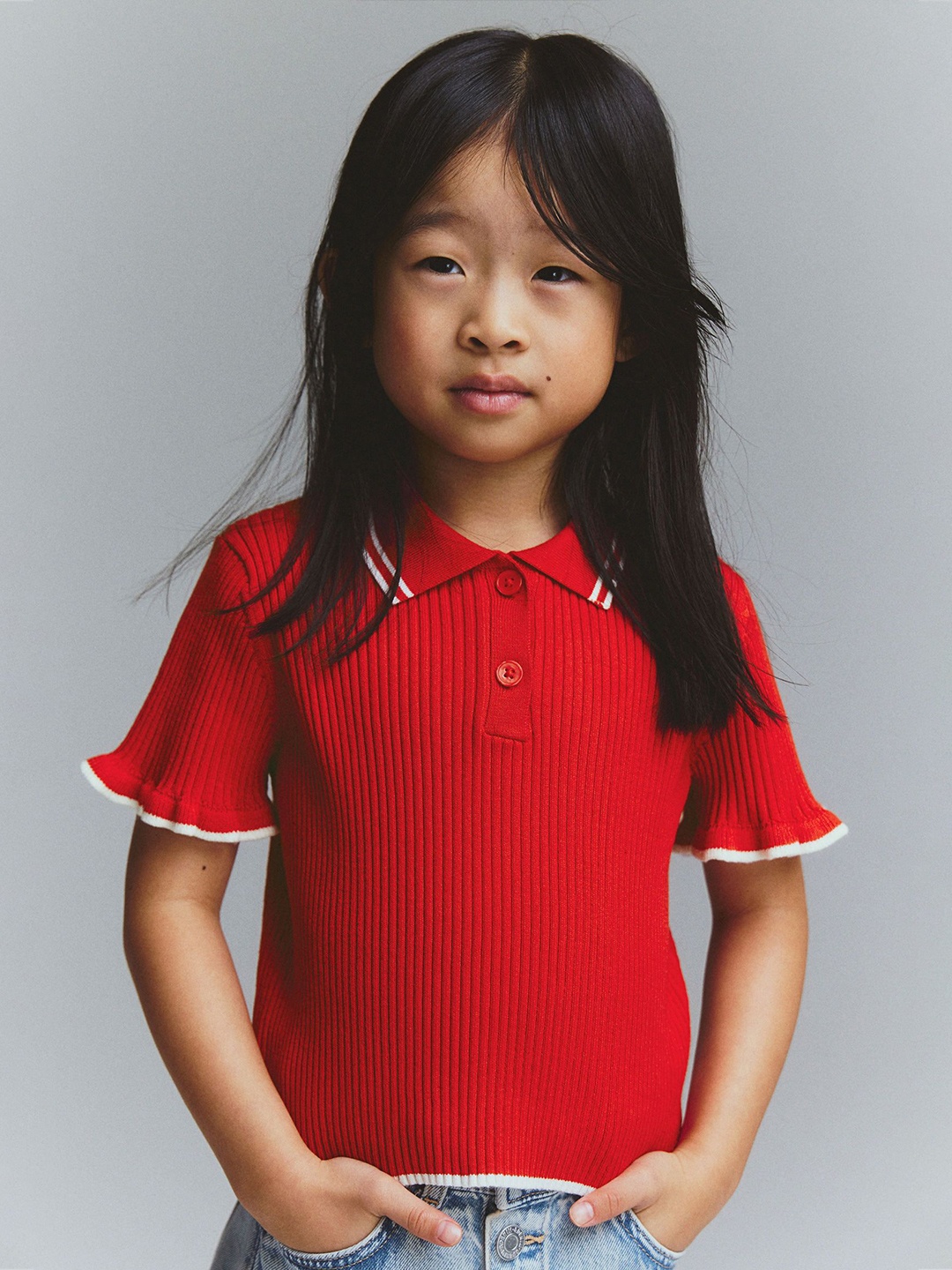 

H&M Girls Rib-Knit Collared Top, Red