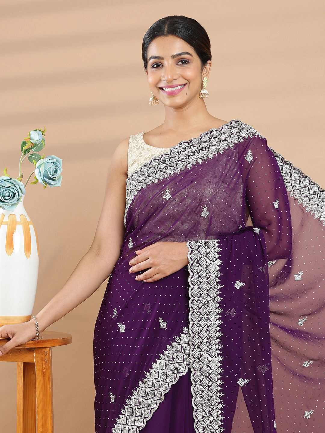 

Kalyan Silks Ethnic Motifs Beads and Stones Saree, Purple