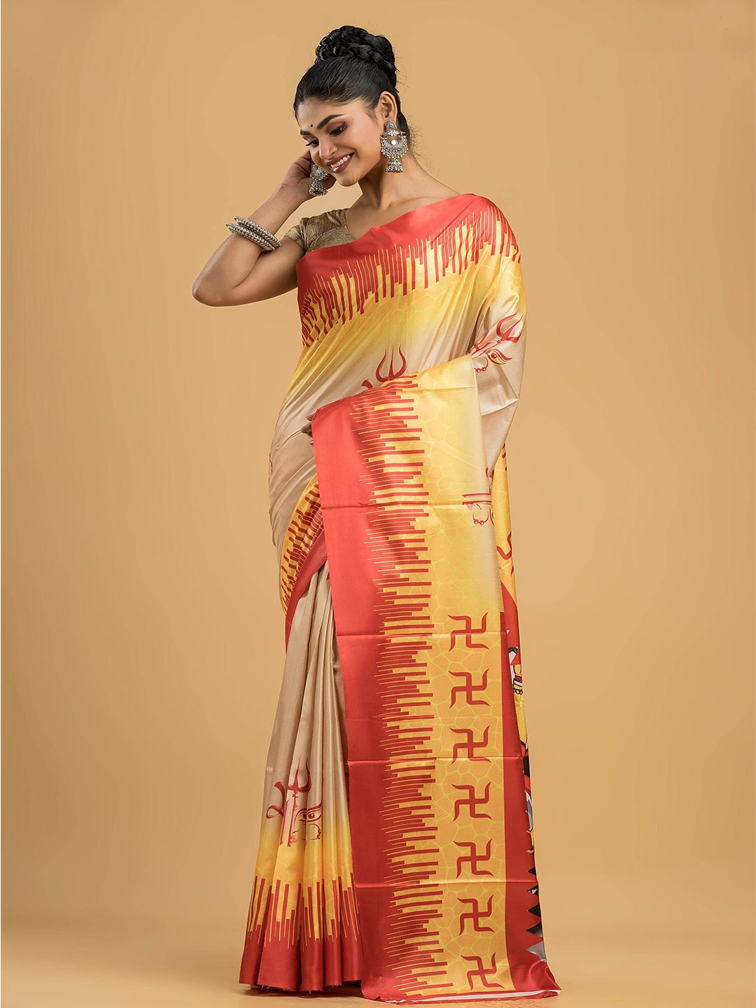 

Dheu Ethnic Motifs Block Print Saree, Beige