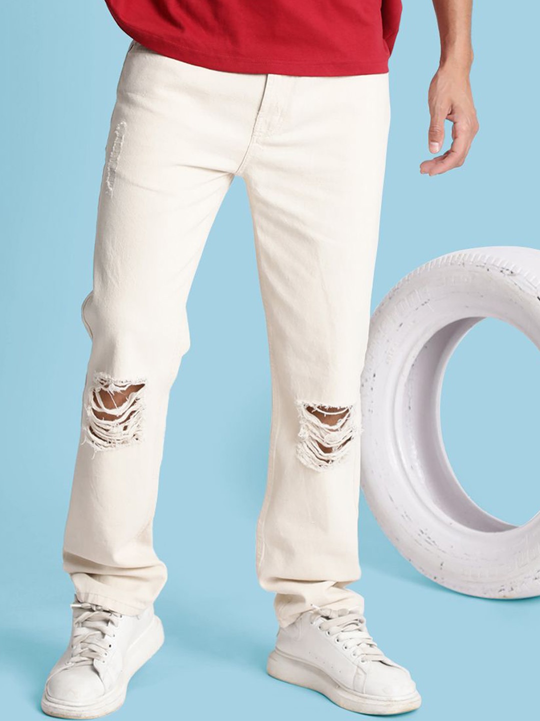 

Bene Kleed Men Relaxed Fit Slash Knee Jeans, Beige