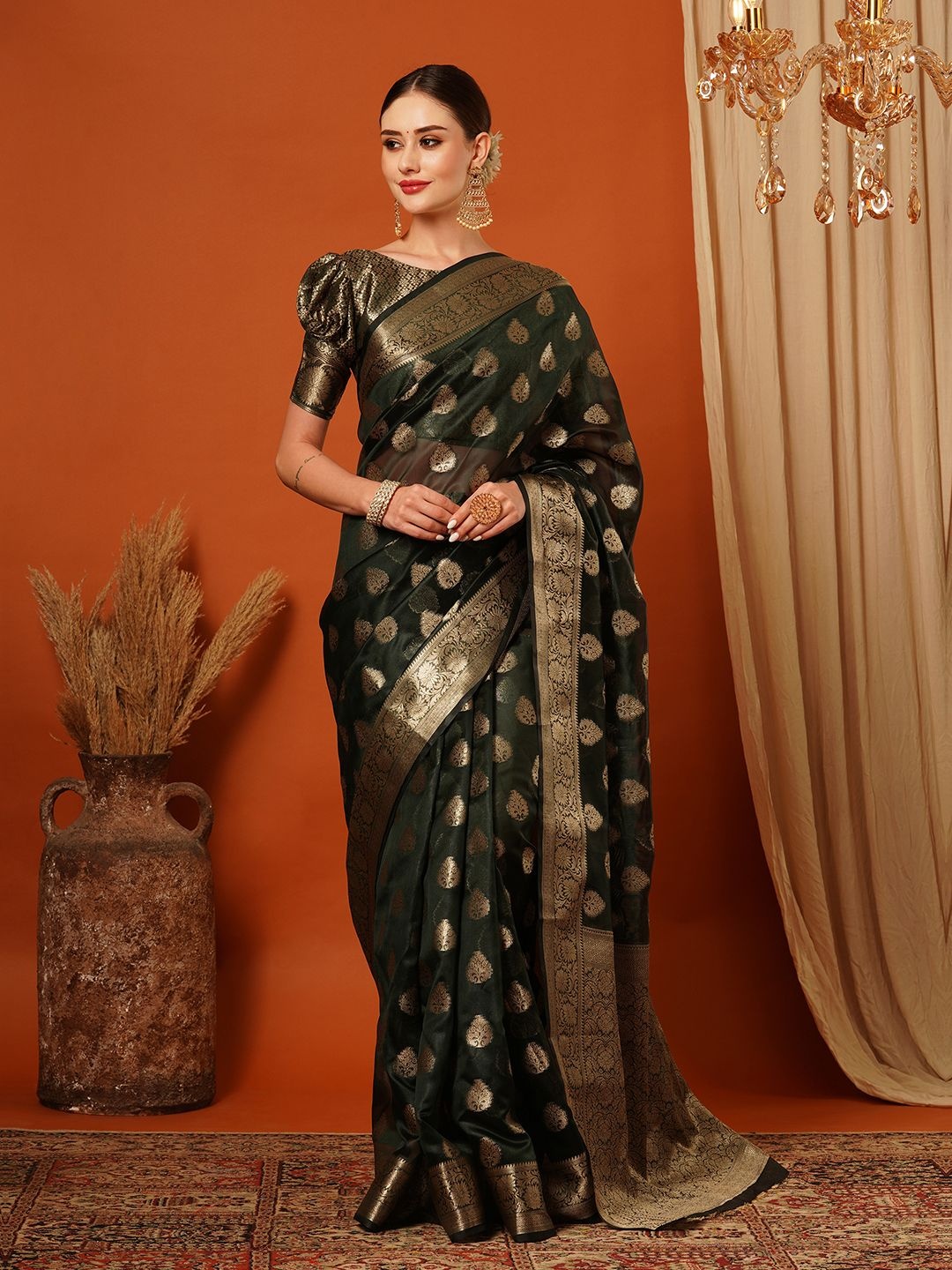 

VILLAGIUS Woven Design Zari Pure Silk Banarasi Saree, Green