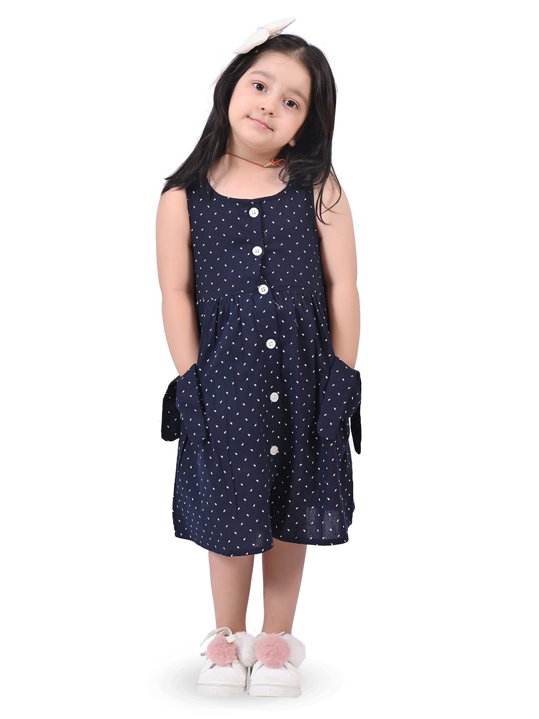 

GIANNA Girls Polka Dot Printed Cotton A-Line Dress, Navy blue