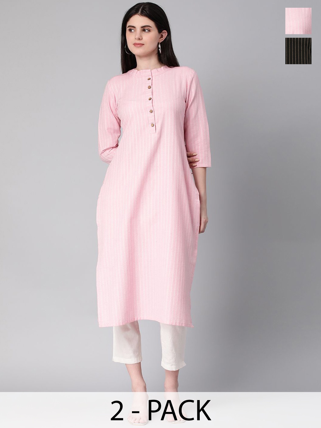

KALINI Selection Of 2 Floral Printed Mandarin Collar Straight Kurtas, Pink