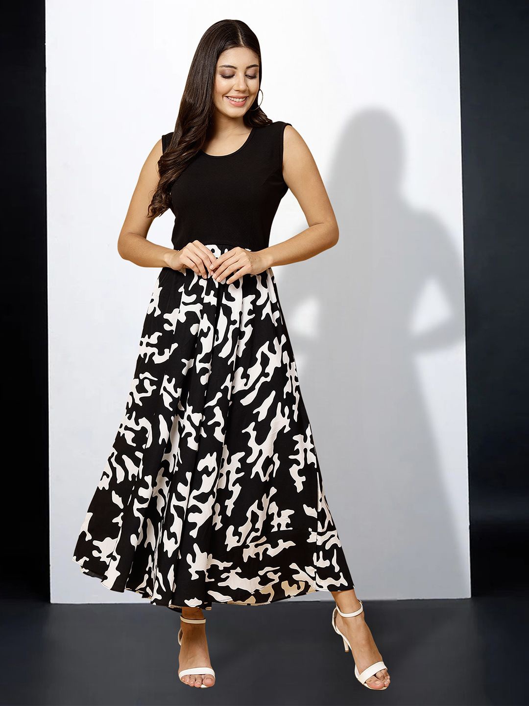 

MISS AYSE Floral Print Applique Fit & Flare Dress, Black