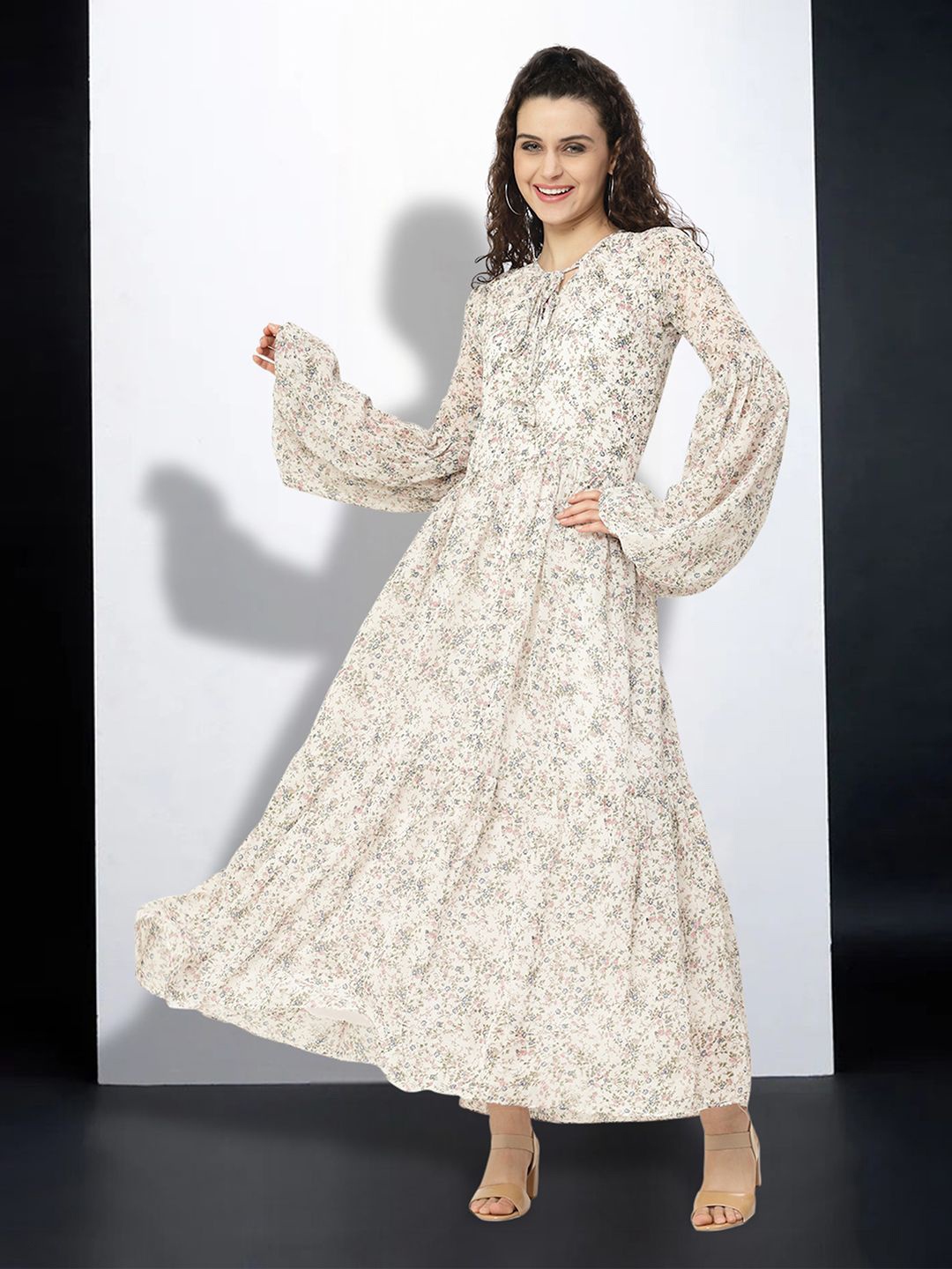 

MISS AYSE Floral Print Tie-Up Neck Applique Fit & Flare Dress, White