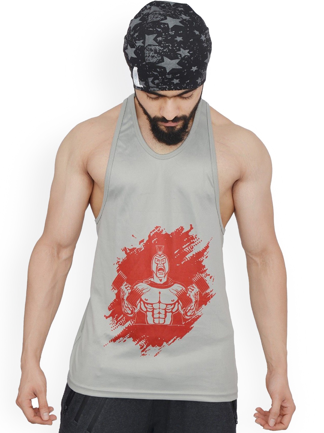 

Anax Aesthetics Men Polyester Dri-Fit Printed Sleeveless Sando Gym Vest Stringer Tank Top, Grey