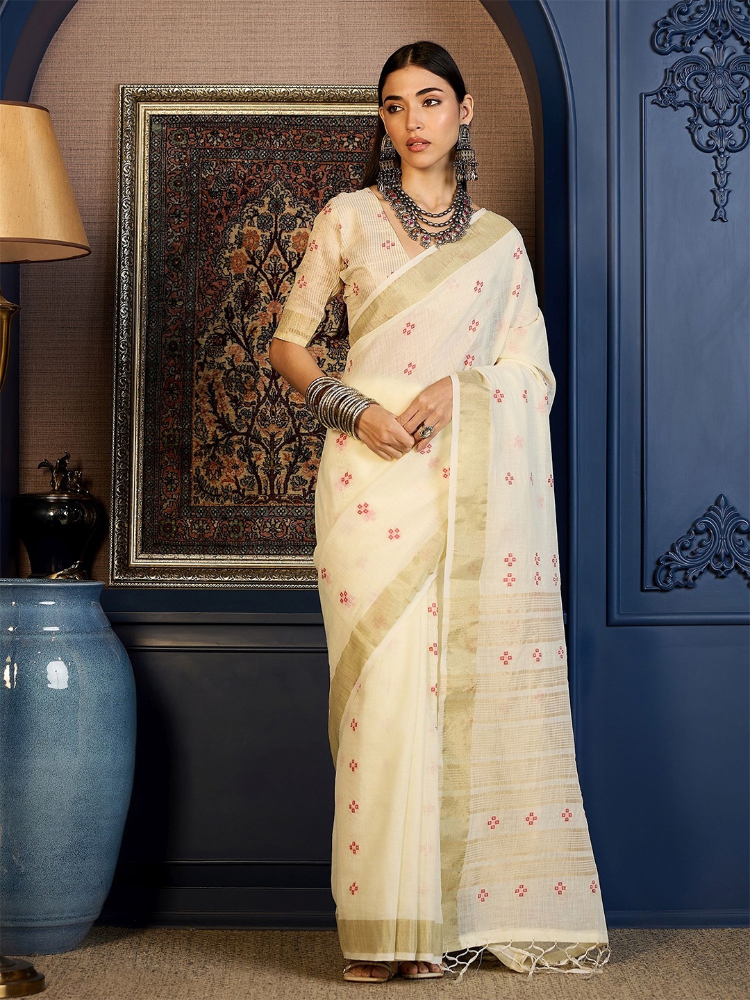 

Sangria Woven Design Zari Pure Cotton Saree, White