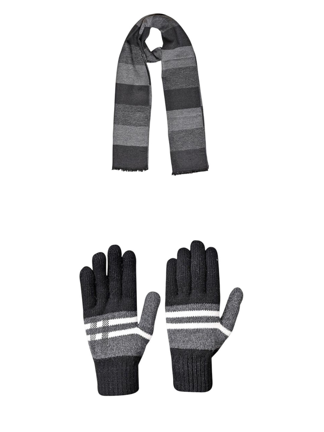 

LOOM LEGACY Men Striped Acrylic Winter Gloves With Muffler, Black