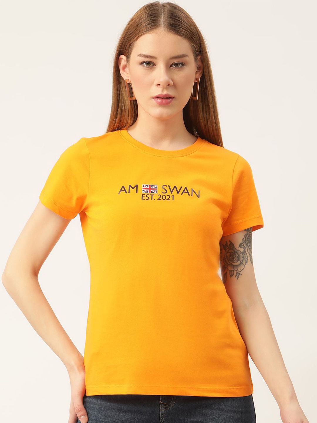 

AMSWAN Women Printed Cotton Tshirts, Yellow