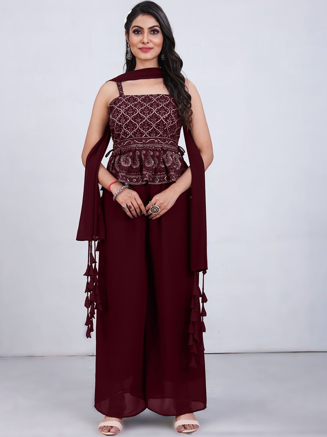 

SANCIA Ethnic Motifs Embroidered Pleated Sequinned A-Line Kurti with Palazzos & Dupatta, Maroon