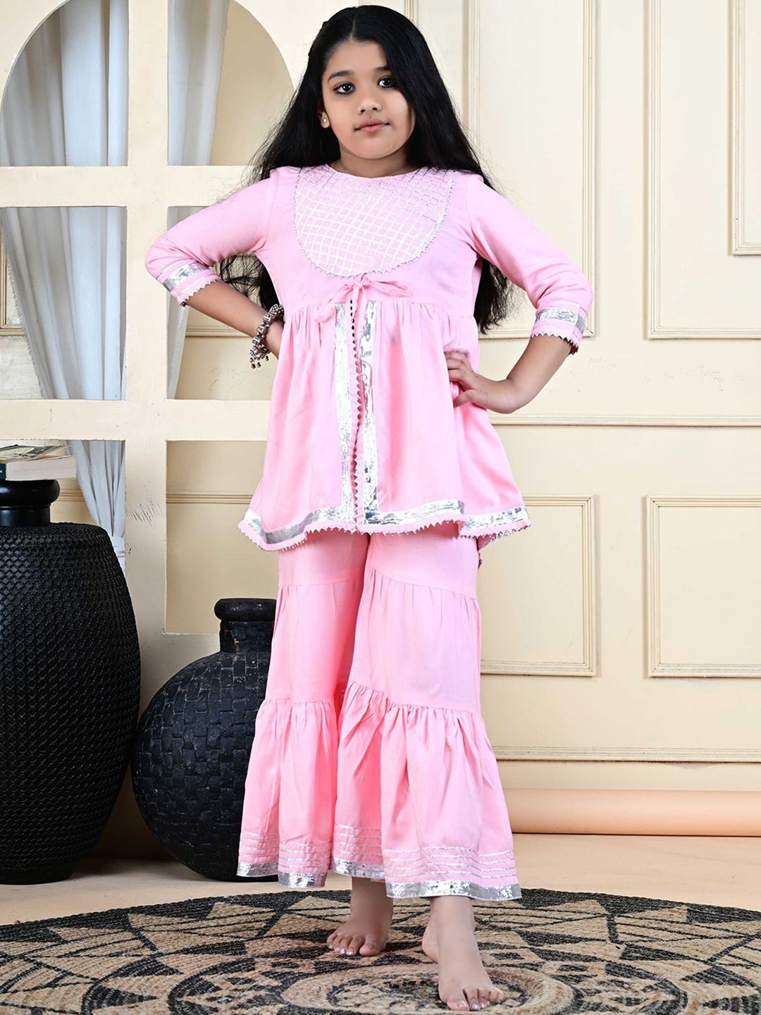 

Megha Overseas Girls Printed Regular Gotta Patti Kurta with Sharara, Pink