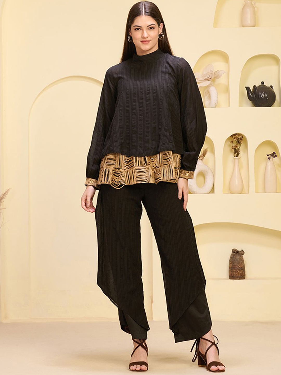 

First Resort by Ramola Bachchan Self Design High Neck Layered Top & Trouser, Black
