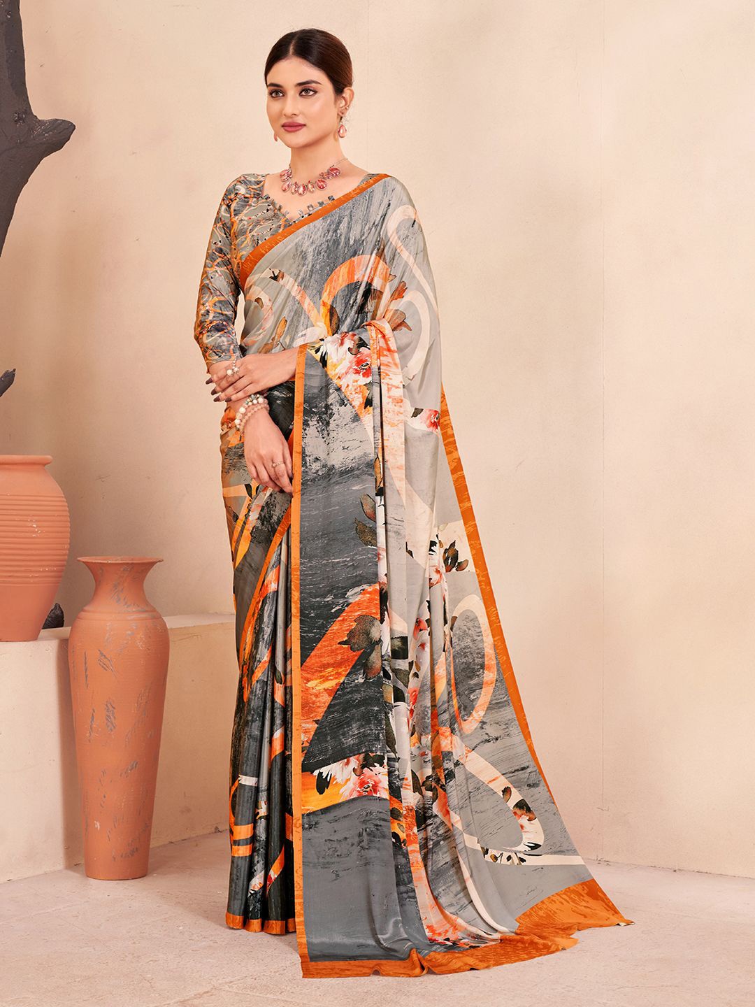 

Krimmple Floral Printed Mysore Silk Saree, Grey melange