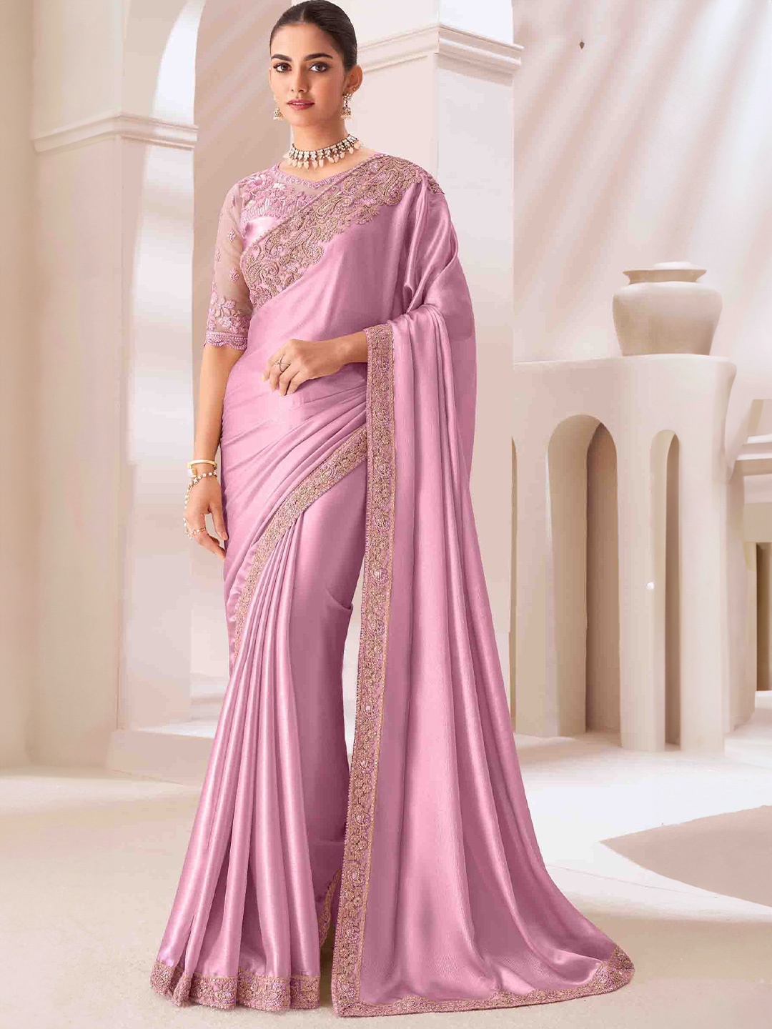 

Blissta Embroidered Pure Georgette Saree, Pink