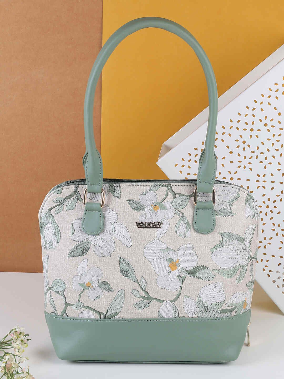

WALKWAY by Metro Floral Printed Structured Handheld Bag with Cut Work, Green