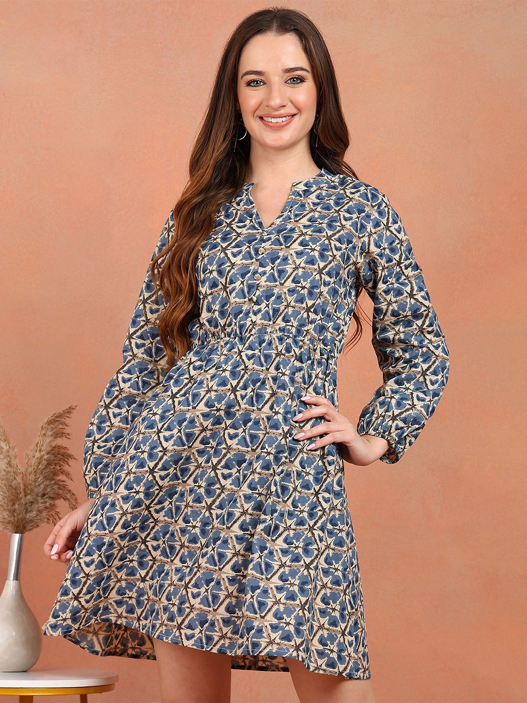 

Label Ceres Floral Printed V-Neck Bishop Sleeves Cotton Fit & Flare Dress, Blue