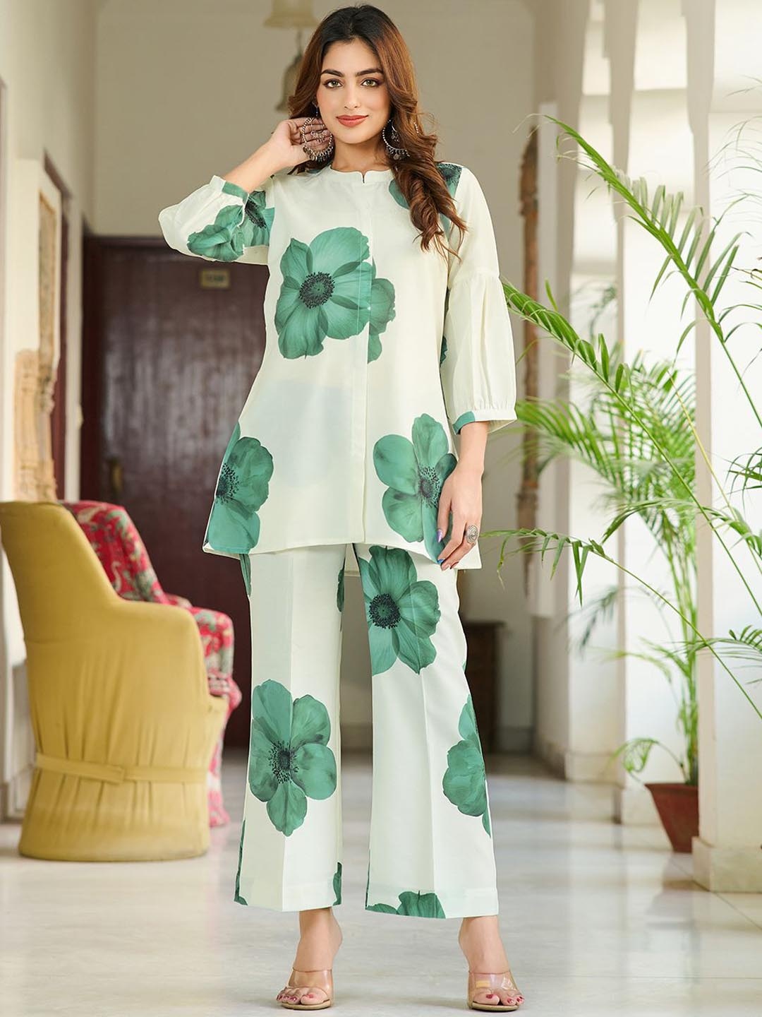 

VIBE VISION Printed Mandarin Collar Puff Sleeves Tunic With Trouser, White