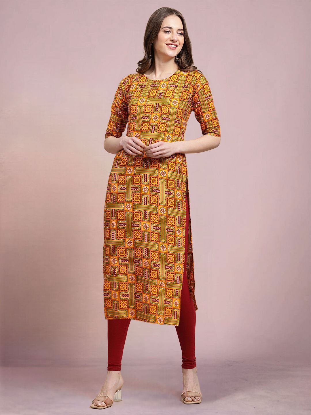 

Moda Rapido Geometric Printed Round Neck Straight Kurta, Yellow
